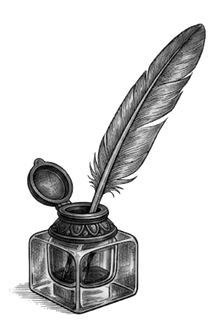 Inkwell and quill, engraving