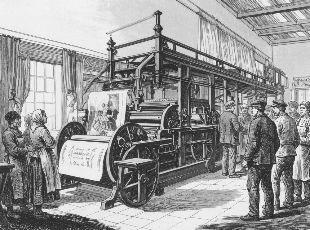 Rotary press in a workshop, 19th-century engraving