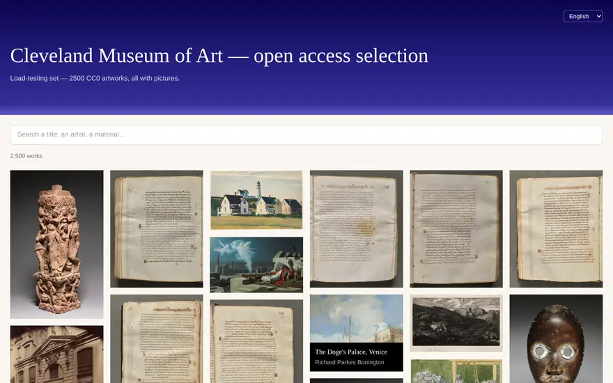 The Cleveland Museum of Art collection as a mosaic: dozens of works side by side, with a search field above.